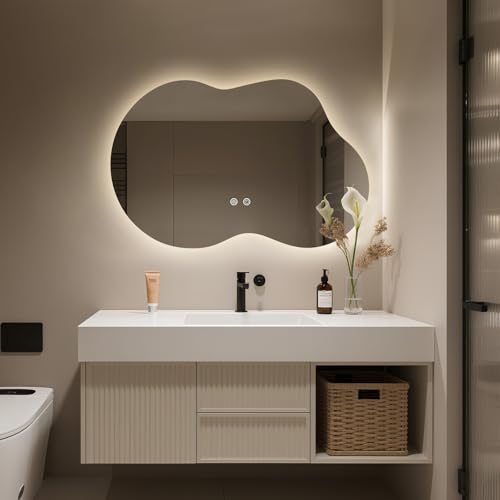 Image of WallBeyond 36 inchx24 inch Irregular LED Bathroom Mirror with Lights, Asymmetrical Backlit Vanity Mirror for Powder Room or Makeup Area, Dimmable & Anti-Fog, Dual Mounting