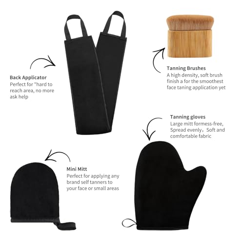 Image of FUNAN Self Tanning Application Kit, 4-Piece Set with Back Applicator, Mini Mitt, Tanning Mitts and Ultra Soft Self Tanner Brush Bamboo Kabuki Brush, Black