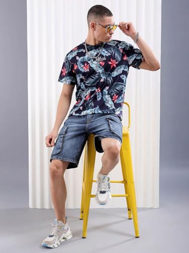 Image of The Indian Garage Co Men Slim Fit Tropical Print Round Neck Tshirt