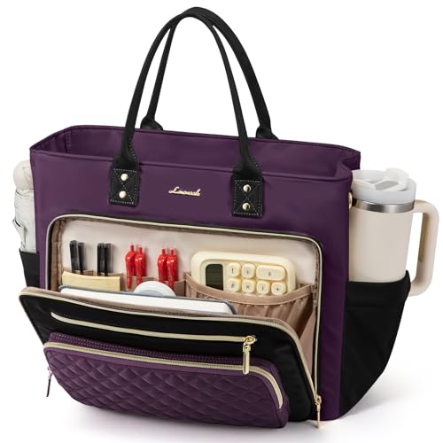 Image of LOVEVOOK Insulated Lunch Tote Bag for Women, Large Capacity Work Bag with Laptop Compartment & Cup Holder, Water Resistant Nurse Tote for Office, Leakproof Crossbody Handbag, 15.6 Inch Black-Purple