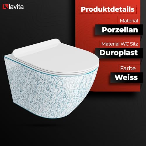 Lavita LAV 101 Vorwandelement für WC 40cm + Wand Hänge Tiefspül WC SOFI SLIM KRESZ Weiß/Blau Spülrandlos + Bedienplatte LAV 200.3.1 Weiß + WC Sitz mit Absenkautomatik Komplettset Unterputz Spülkasten – Bild 7