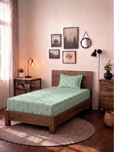 Image of HOMEKART (110 TC & 110 GSM 100% Cotton Feel Bedsheet for Single Bed with One King Size Pillow Covers Soft /Breathable Wrinkel Free -60x90 Inches - (Green & ellow)