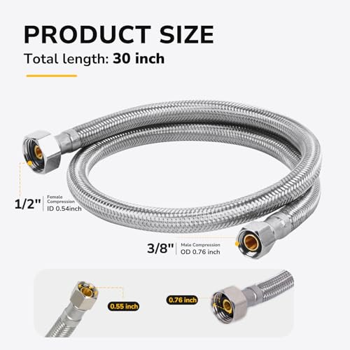 KAINGA 30\" Faucet Supply Line, 3/8 inch Comp x 1/2 inch FIP Faucet Connector, Braided Stainless Steel Faucet Hose for Bathroom Sink and Kitchen, Leak-Resistant cUPC Certified Water Supply Line, 2 Pack - Thumbnail 2