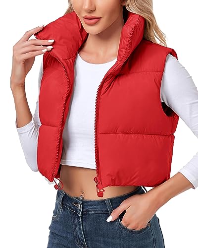 Polu Women's Cropped Puffer Vest Jacket Sleeveless Winter High Stand Collar Lightweight Vest for Women with Zip Gilet