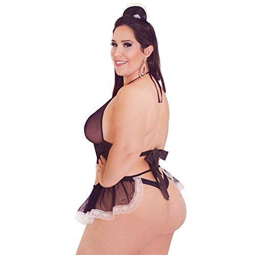 FANTASIA SENSUAL EMPREGUETE DO DESEJO PLUS SIZE - HOT FLOWERS cor:Preto