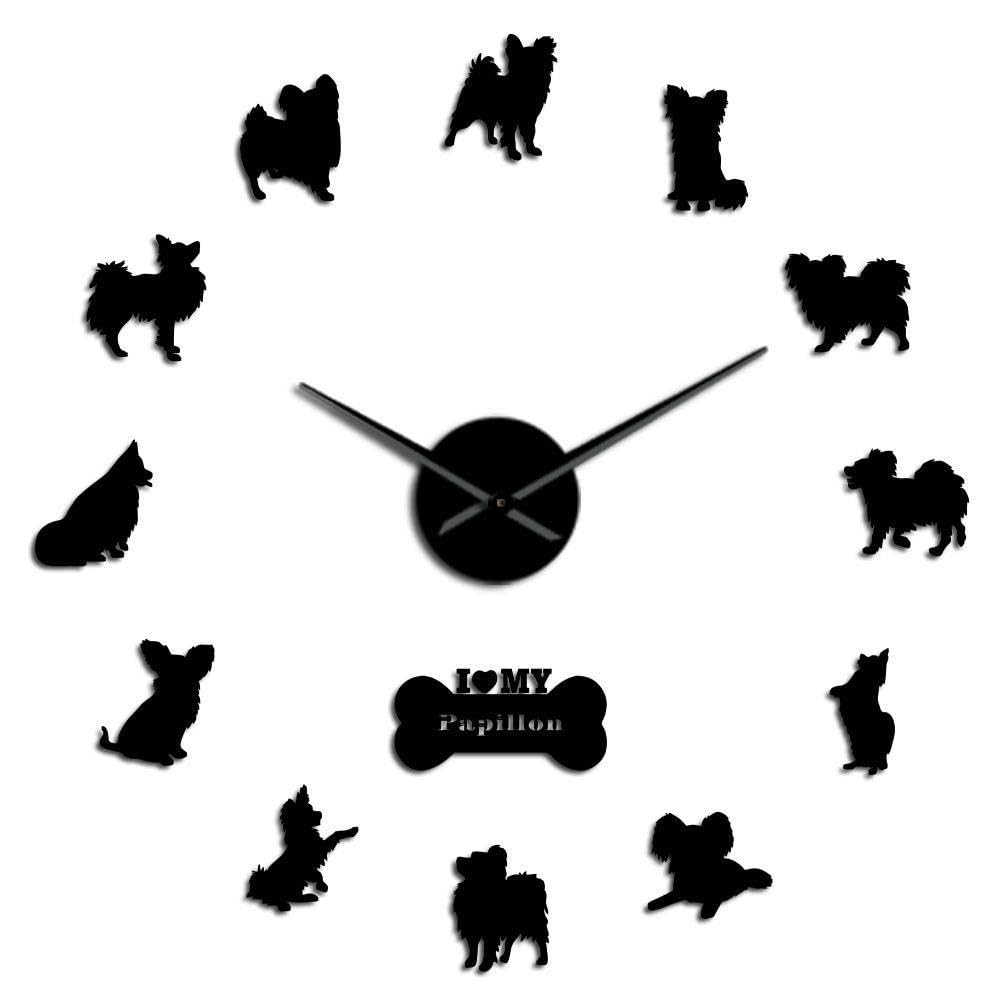Horloge murale sans cadre 3D silencieuse motif chien et papillon pour décorer un grand mur nu