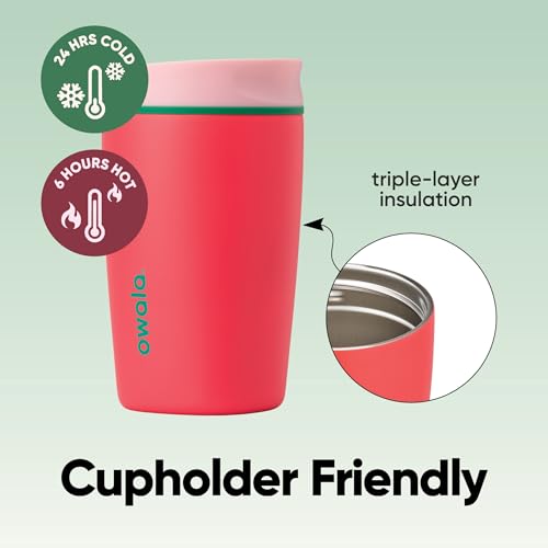 Image of Owala SmoothSip Slider Insulated Stainless Steel Coffee Tumbler, Reusable Iced Coffee Cup, Hot Coffee Travel Mug, BPA Free 12 oz, Pink /Red (Strawberry Fields)