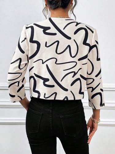 SweatyRocks Women's Graphic Printed 3/4 Sleeve Open Front Crop Jacket Casual Lightweight Cardigan Jackets Work Office Blazers2