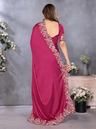Image of Pandadi Saree Women's Satin Embroidery Work Saree With Unstitched Blouse Piece