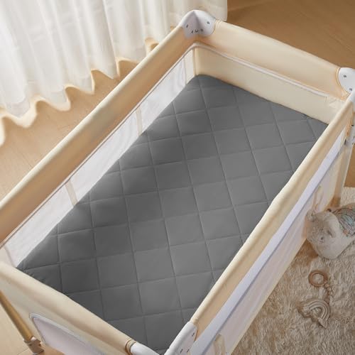 TILLYOU Pack and Play Sheet - Soft Quilted Crib Cover Pad, Toddlers Mattress Protector with 1\'\'-3\'\' Deep Pocket, Thick Play Yard Playpen Sheets, Breathable Fluffy Crib Mattress Pad, 39\"x27\", Grey