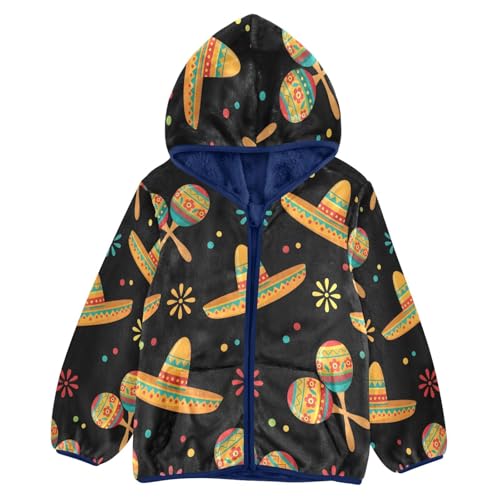 Mexican Hats Maracas on Black Toddler Fleece Jacket Girl Boys Hooded Fleece Jacket Coat Warm Outwear Zip-up 3-10T