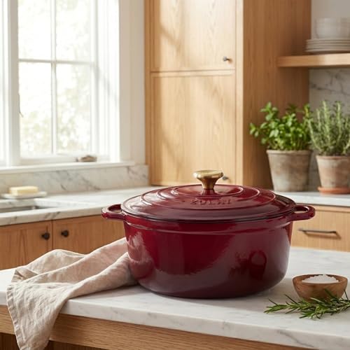 Image of Zulay Kitchen 6.4QT Enameled Cast Iron Dutch Oven Pot with Lid, Heavy-Duty Soup Pot for Stews, Braising, Roasting & Sourdough Bread Baking, Oven Safe up to 500F - Garnet