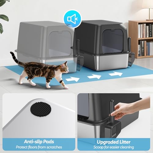 Image of WoofiGo Enclosed Stainless Steel Cat Litter Box with Lid, XL Extra Large Litter Box for Big Cats, Metal Litter Pan High Sided, Never Absorbs Odors, Anti-Urine Leakage, Include Scoop (Dark Grey)