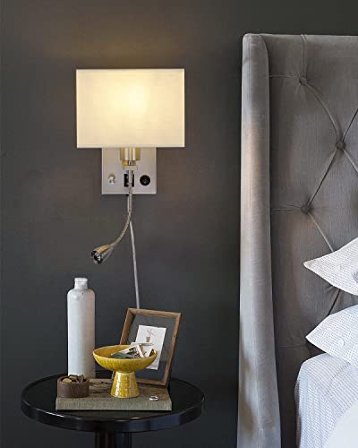 Apsekoka 2-Pack Bedside Lights Wall Sconce- Plug In Cord Wall Lamp With Two Usb Charging Ports For House Hotel With Brushed Nickel, Dimmable Wall Light Reading Lamp Fabric Shade And On/Off Switch #TOP4