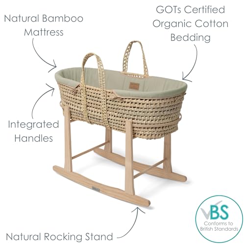 Clair de Lune Organic Palm Moses Basket with Natural Rocking Stand, Award Winning Baby Bassinet 75 x 28 cm (Sage Green) - 3