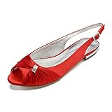LGYKUMEG Komfort Runde Zehen Krauze Bände Niedriger Absatz Flache Strass und Quaste LaceSatin/Hochzeitsschuhe Brautschuhe,Rot,38EU/7US/5UK