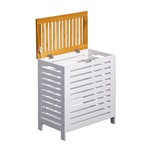 Rebecca Mobili Cesto para la colada sucia con tapa de madera de bambú MDF blanco marrón para ahorrar espacio, organización de la lavadería del baño - Medidas 55 x 50 x 30 cm - Art. RE6711 - imagen 4