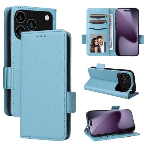 Étui iPhone 16 Plus bleu cyan avec fentes cartes et rabat magnétique discret