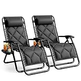 KEPLIN Set of 2 XXL Premium Heavy Duty Quilted Zero Gravity Chairs - Luxurious Garden Recliners, Adjustable Headrest, Cup & Phone Holder, Foldable, Easy to Clean Patio Sun Loungers (Charcoal)