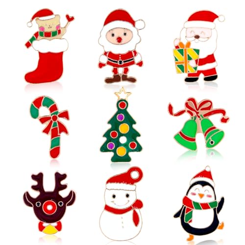 Kiiwah 9 Piezas Juego de Broches de Navidad, Broches de Metal, Navidad Papá Noel Copos de Nieve Renos Muñeco de Nieve Campanas árboles de Navidad Alfileres de Joyería(Oro)