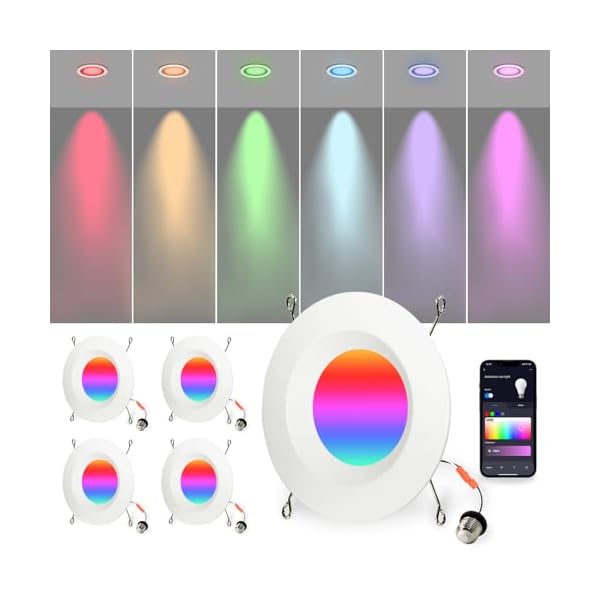 6 inch Smart LED Can Lights with Remote, RGB Color Changing Bluetooth Baffle Trim Downlight, 13W 1050LM LED Recessed Lighting, Compatible with Alexa, Google Home and Siri, 4 Pack