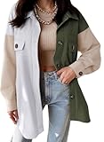 VICHYIE Womens Shacket Color Block Corduroy Button Down Shirts Boyfriend Fall Long Sleeve Oversized Blouses Jacket Coat Tops White Green M