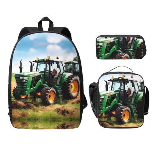 Sac à dos tracteur agricole 3 pièces avec boîte à déjeuner et trousse d'école pour garçon