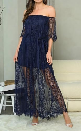 Image of Cercis Womens Off The Shoulder Floral Lace Maxi Wedding Dress Boho Flowy Wedding Guest Formal Long Dresses