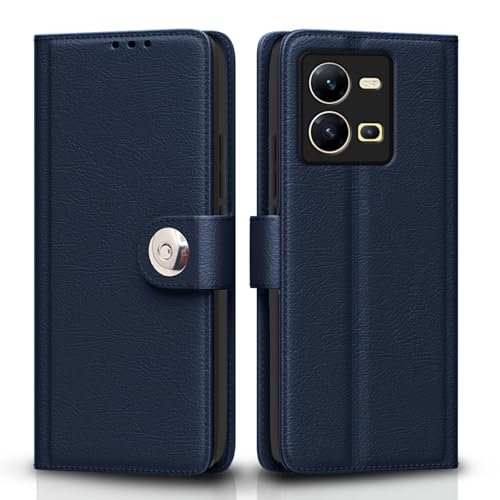 Image of Pikkme Flip Cover Leather Finish | Inside TPU with Card Pockets | Wallet Stand and Shock Proof | Complete Protection Button Flip Case for Vivo V25 5G (Blue)