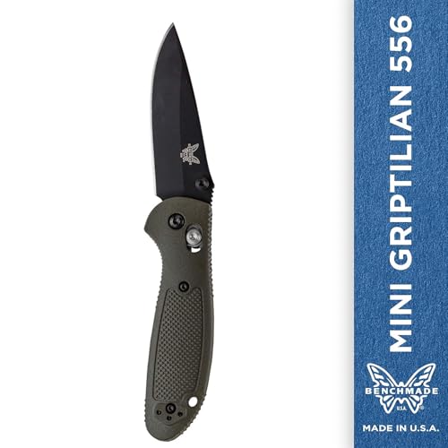 Benchmade - Mini Griptilian 556 Knife, Plain Drop-Point, Coated Finish, Olive Handle
