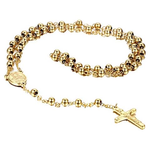 Flongo Mens Women Vintage Stainless Steel 6mm Beads Gold Jesus Christ Crucifix Cross Rosary Pendant Necklace, 30 inch Cover
