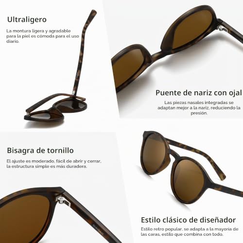 Miniatura 4 de Sungait Gafas De Sol Redondas Clásicas Unisex Gafas De Sol Polarizadas Estilo Retro Vintage Protección Uv Marco Ámbar Acabado Mate Lente Marrón