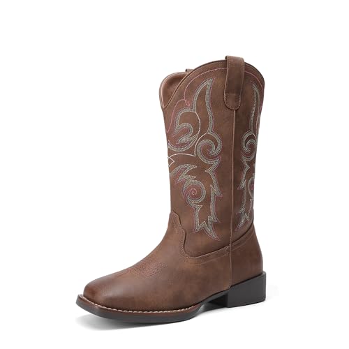 DREAM PAIRS Women's Cowboy Cowgirl Boots Embroidered Square Toe Mid Calf Western Boots Fashion Dress Chunky Low Heel Shoes for Theme Party Country Concert