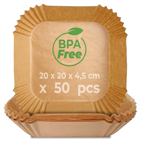 KITCHEN GURU, Papier Cuisson Air Fryer, 50 Moules Carrés, pour Friteuse sans Huile, 5 à 11L, Dimensions 20 * 20 * 4,5cm, Antiadhésif, Résistant à la Chaleur, BPA Free, Qualité alimentaire