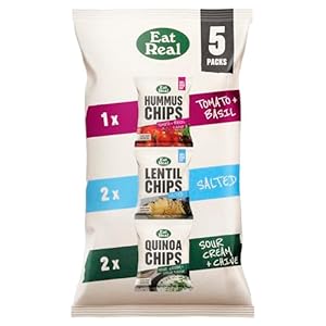 Eat Real Mixed Multipack – 2 x 18g Salted Lentil Chips, 2 x 20g Sour Cream & Chive Quinoa Chips, 1 x 22g Tomato & Basil Hummus Chips