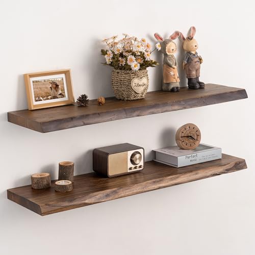 Image of 36 inch Live Edge Floating Shelves Set of 2, Solid Elm Wood, Vintage