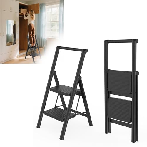 Froadp Escalera plegable de 2 peldaños, antideslizante, de hierro, multifuncional, con pasamanos, taburete para casa, cocina y exterior, soporta hasta 250 kg
