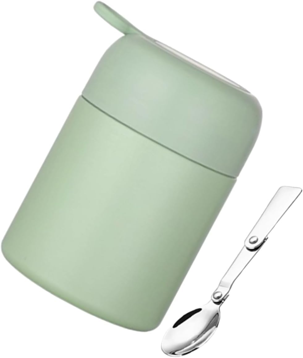 Insulated Soup Cup 500ml Portable Thermal Food Jar with Foldable Spoon Vacuum Sealed Leakproof Green for Students and Office Use