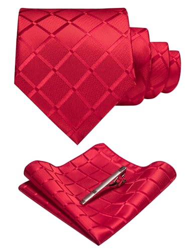 JEMYGINS Plaid Red Tie and Pocket Square Hankerchief Mens Silk Necktie with Tie Clip Sets(7)
