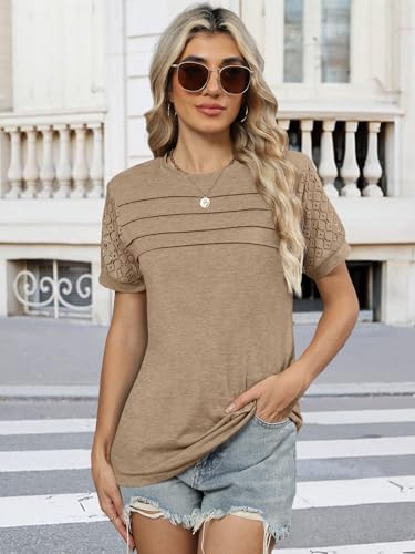 2PCS Womens Tops Summer Loose Casual Crewneck Lace Sleeve T Shirts Fashion Beach Vacation Clothes Cute Blouse 2025