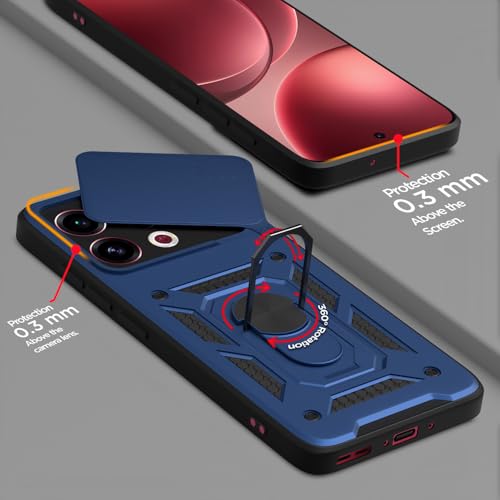Image of Pikkme Back Cover for Oppo Find X9 5G | 360 Protection Case | Sliding Camera Shield Cover & Ring Holder Stand D10 Tough Armor Bumper Case (Blue)