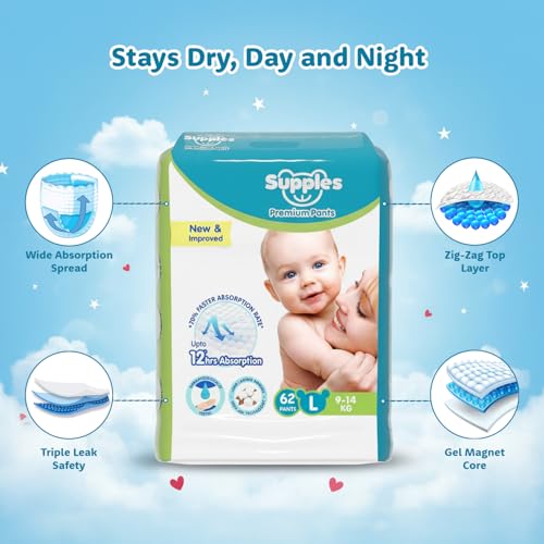 Image of Amazon Brand - Supples Premium Baby Diaper Pants | 62 Baby Diapers | Large | 9-14 Kg | 12 Hrs Absorption | Cushiony Cotton Soft Fabric | Phthalates-Free | Triple Leak Guard