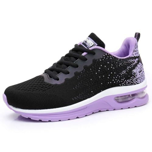 ODIPON Women's Athletic Running Shoes Breathable Comfort Cushioned Walking Sneakers for Gym Workout Jogging Black and Purple Size 7