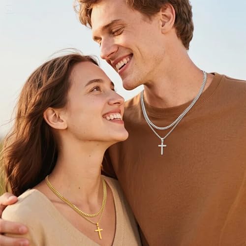 Fiusem 2 Pcs Cross Chain Necklace for Men and Women, Silver/Gold/Black Layered Mens Cross Necklaces Stainless Steel Cross Pendant with Cuban Link and Box Chain 16-26 Inch3