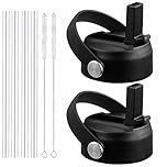 FLORAPELL Straw Lid for Hydro Flask Wide Mouth Water Bottles, Top Lids with Straw Compatible with Hydro Flask 32 40 oz, Replacement Cap Wide Mouth Accessories Flip Lid Flex Handle (Black - 2 Pack)