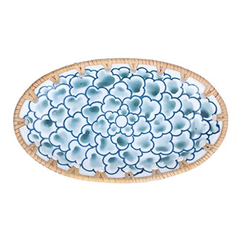 ZPSHYD Plato de cerámica de ratán tejido, plato ovalado de porcelana con tinta azul, ideal para bodas, fiestas, banquetes y cumpleaños, diseño Ele, 30 cm de diámetro