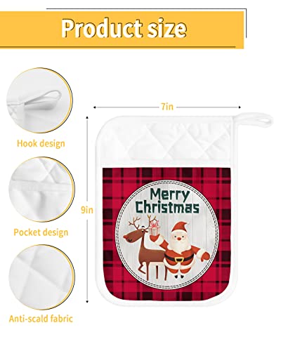 Merry Christmas Santa's Reindeer Pot Holders With Pocket For Kitchen, Heat-Resistant Potholders Set Of 2, Hot Pads Oven Mitts With Hanging Loops For Home Cooking Baking Microwave, Buffalo Check #TOP2