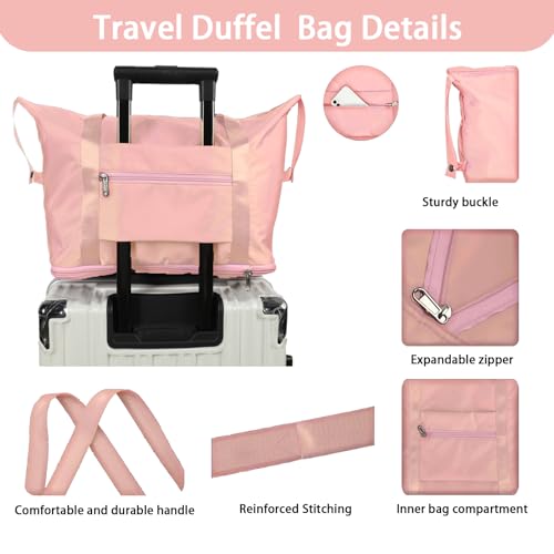 Foldable Travel Duffle Bag, Waterproof Weekender Carry On Tote Bags for Women Men, Sport Gym Hospital Bag for Labor Delivery, Handheld Luggage Bag with Trolley Sleeve, Pink,1 pack - Image 5