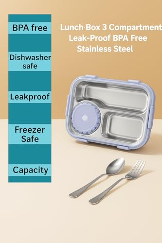 Image of Shark Doo Doo Bento 3 Compartment (Purple with Chutney Box) Stainless Steel Lunch Box with Steel Cutlery Inside | Heating & Water Insulation Design | Leak-Resistant | 750 ML | Office & School