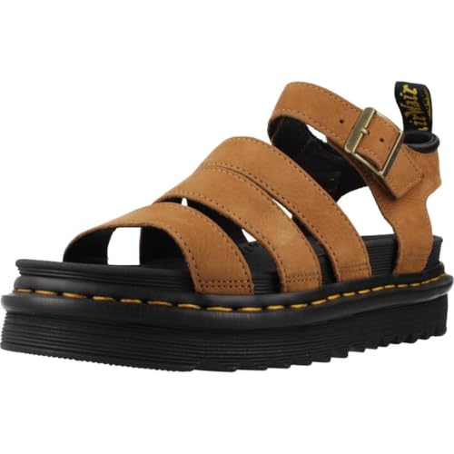 Image of Dr. Martens Platform sandals with straps, light brown leather, black thick sole, adjustable buckle, 7 UK